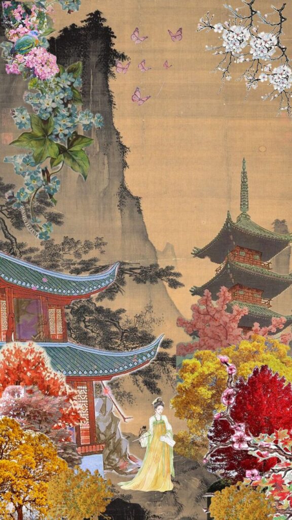 Traditional Asian landscape with pagodas, blossoms, butterflies, and a figure in a yellow robe.