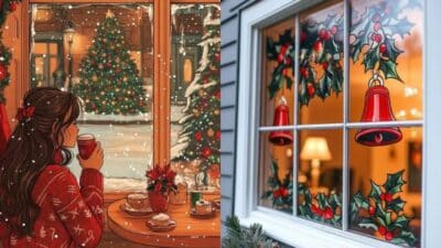 Cozy holiday scene: woman sipping hot cocoa by window with Christmas trees and festive decorations outside.