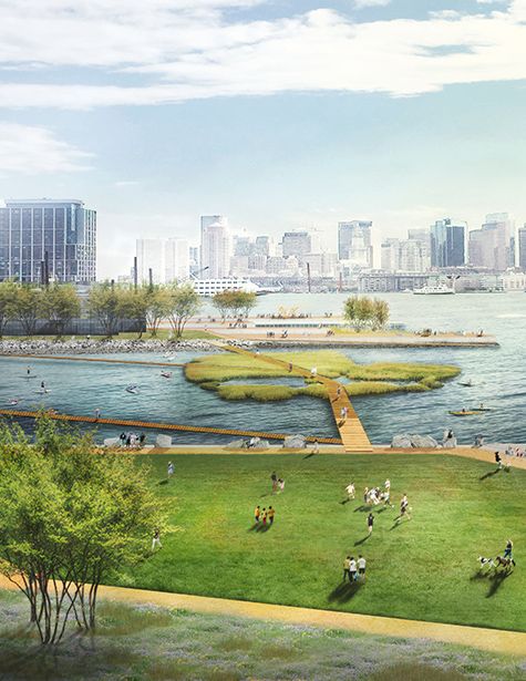 Modern urban park scene with waterfront, green spaces, and city skyline in the background, featuring people and activities.