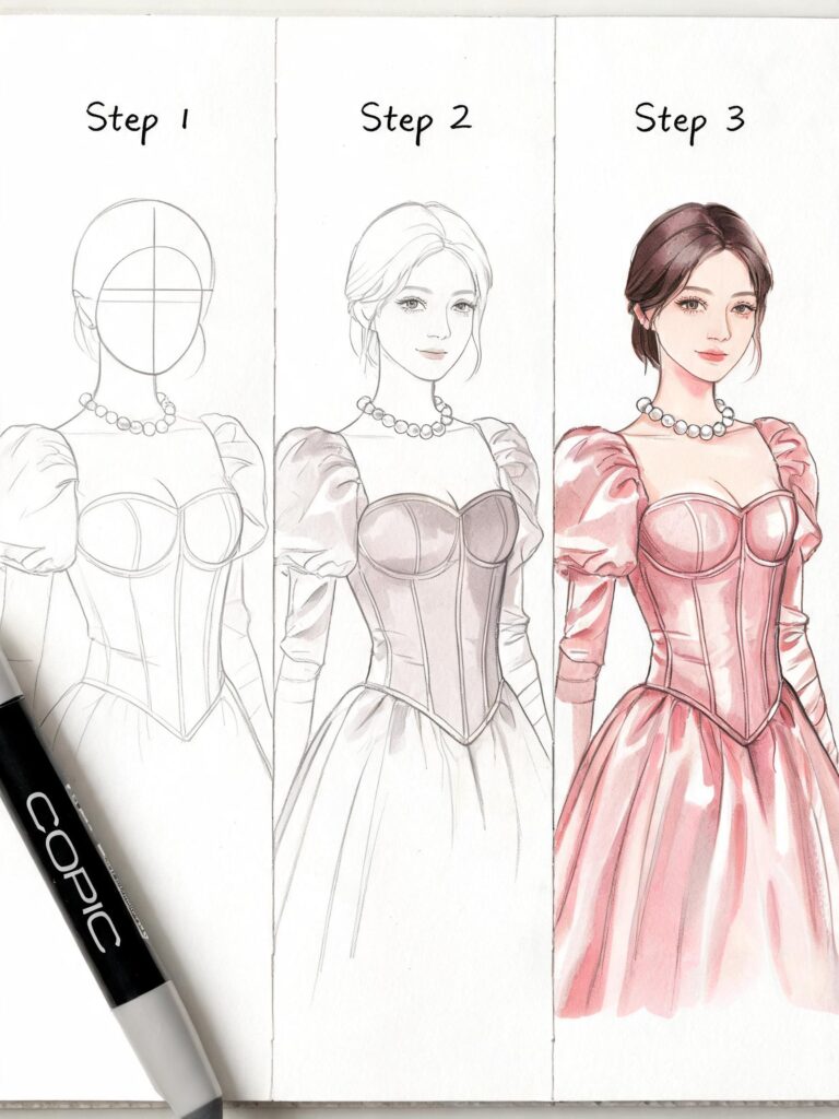 Step-by-step sketch-to-color tutorial: portrait of woman in pink corset gown with pearl necklace and Copic marker