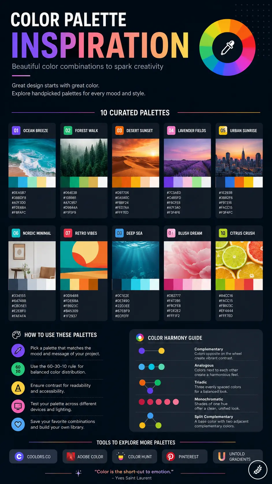 04e0d762-4a39-455a-87ad-ccbacc46f278 Infographic titled Color Palette Inspiration showing 10 curated palettes with color swatches and sample imagery behind each title and hex codes. | Sky Rye Design Infographic detailing 10 curated color palettes with photo swatches, usage tips, and a color harmony guide
