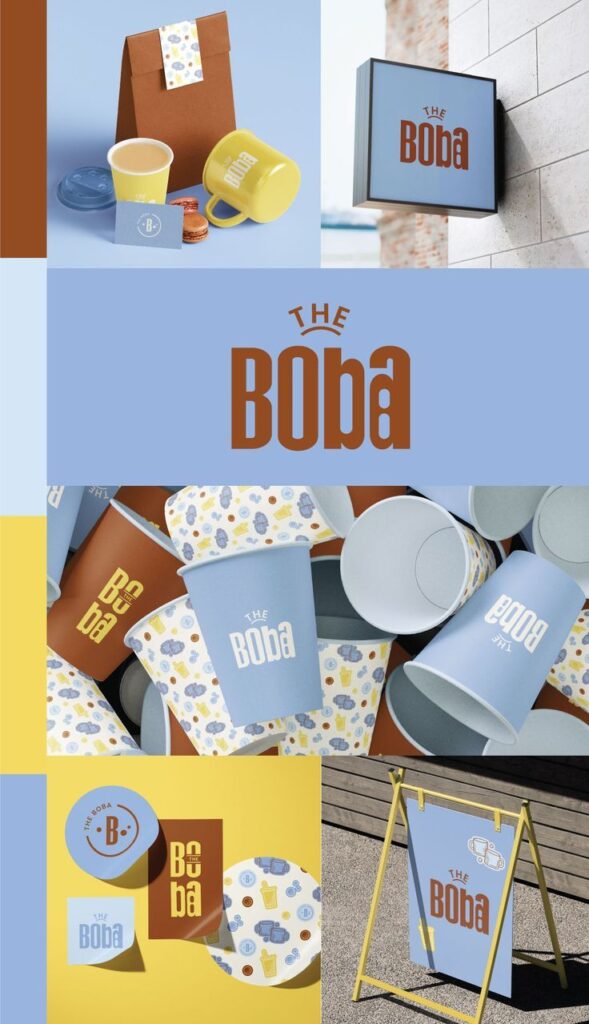 Boba brand packaging design with cups, signboard, and promotional materials in pastel colors and playful patterns.