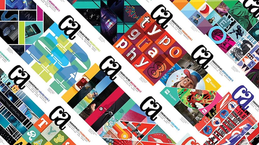 Collage of colorful graphic design magazine covers with diverse typography and artistic elements.
