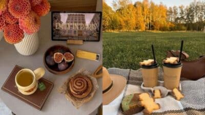 Cozy fall setup with tea, pastries, and a tablet on a table; outdoor picnic with coffee and cookies on a blanket.