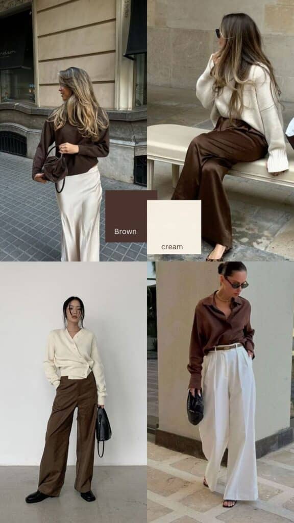 Stylish women in brown and cream outfits, showcasing elegant fashion and color coordination in various settings.