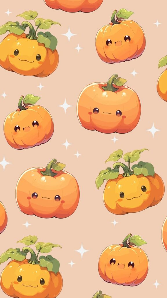 Cute kawaii pumpkin pattern with smiling faces and green leaves on a peach background with stars.