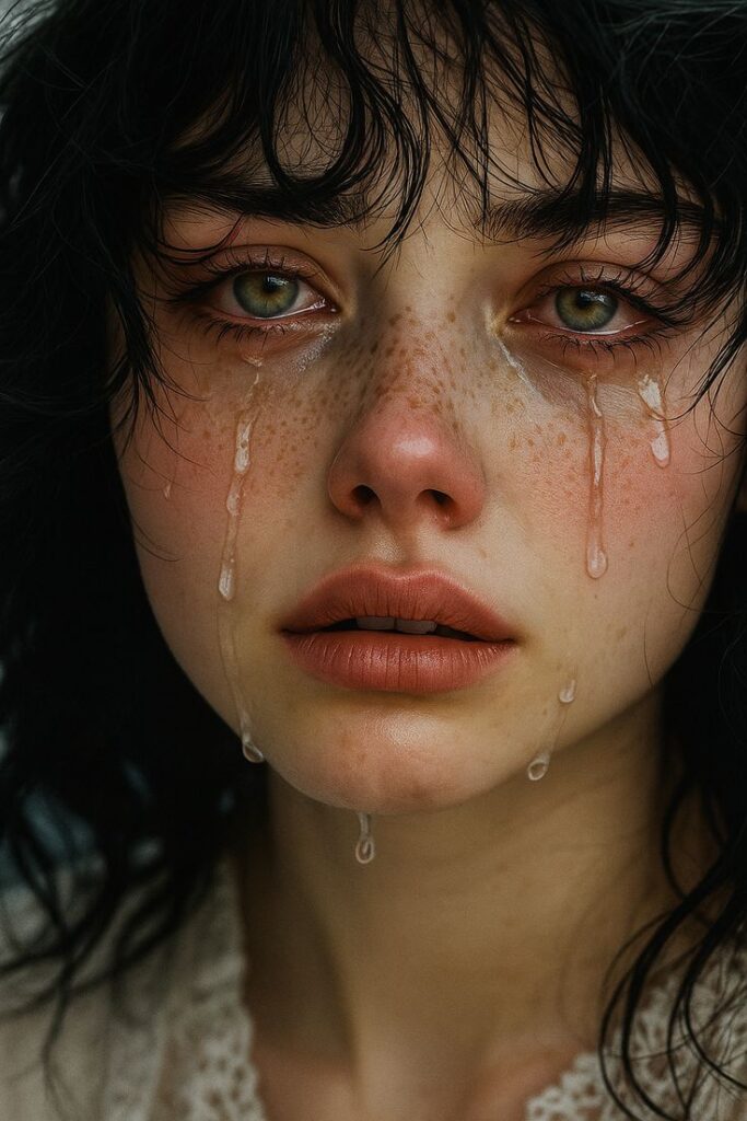 Close-up of a person with tears streaming down their face, expressing deep emotion and vulnerability.