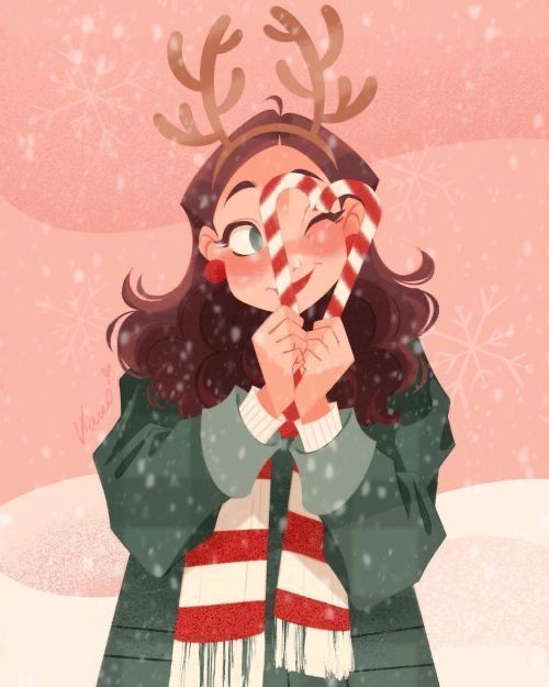 d01e15c3-2eb3-4c20-af39-c3db215cab1b Cartoon girl with antlers holding candy canes in a heart shape, wearing a scarf, surrounded by snowflakes. | Sky Rye Design Cartoon girl with antlers holding candy canes in a heart shape, wearing a scarf, surrounded by snowflakes.