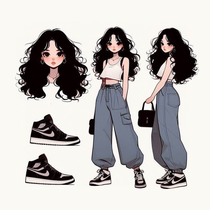 d0638fcc-e85a-432f-ac7d-f38886f356f3 Anime girl with long hair, wearing casual outfit and sneakers, showcasing fashion style from different angles. | Sky Rye Design Anime girl with long hair, wearing casual outfit and sneakers, showcasing fashion style from different angles.