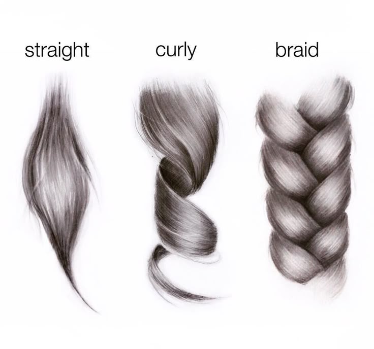 Illustration of three hair types: straight, curly, and braided, depicted in black and white.