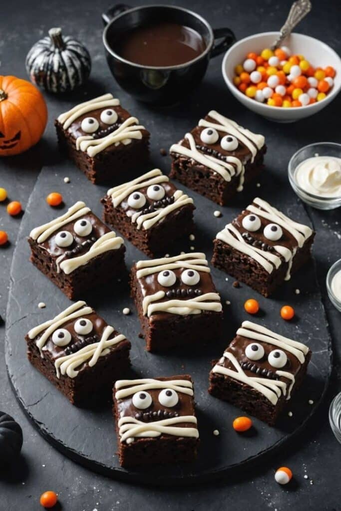 Halloween-themed brownie squares decorated like mummies, surrounded by candy and pumpkins. Spooky festive treats.