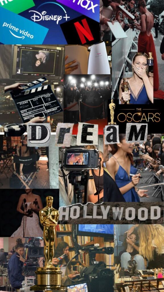 Collage of Hollywood and film industry elements, featuring streaming logos, awards, and behind-the-scenes moments.