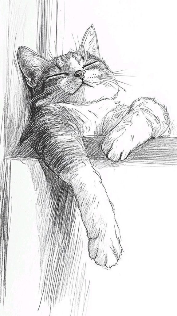 Illustration of a relaxed cat lounging with its eyes closed, capturing a peaceful and content moment.