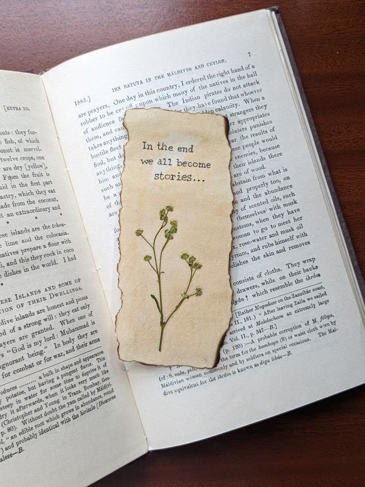 Old book open with a quote about stories on a parchment and pressed flowers laid on top.