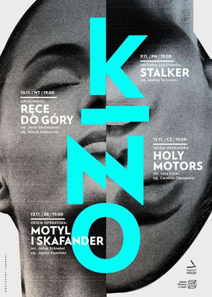Film festival poster featuring movie titles Stalker, Ręce do Góry, Holy Motors, and Motyl i Skafander.