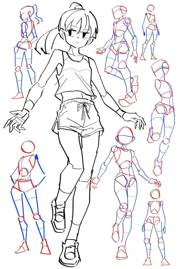 Anime character sketch with body construction lines and various poses in red and blue outlines.