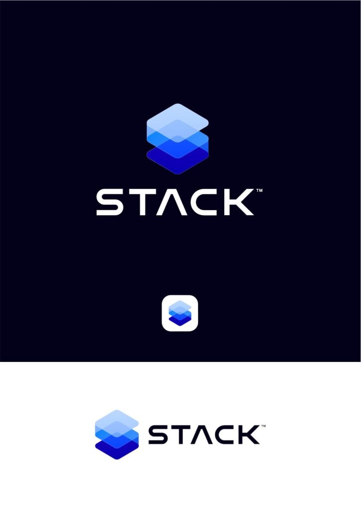 Stylized blue geometric logo with overlapping layers and the word 'STACK' on a dark background.