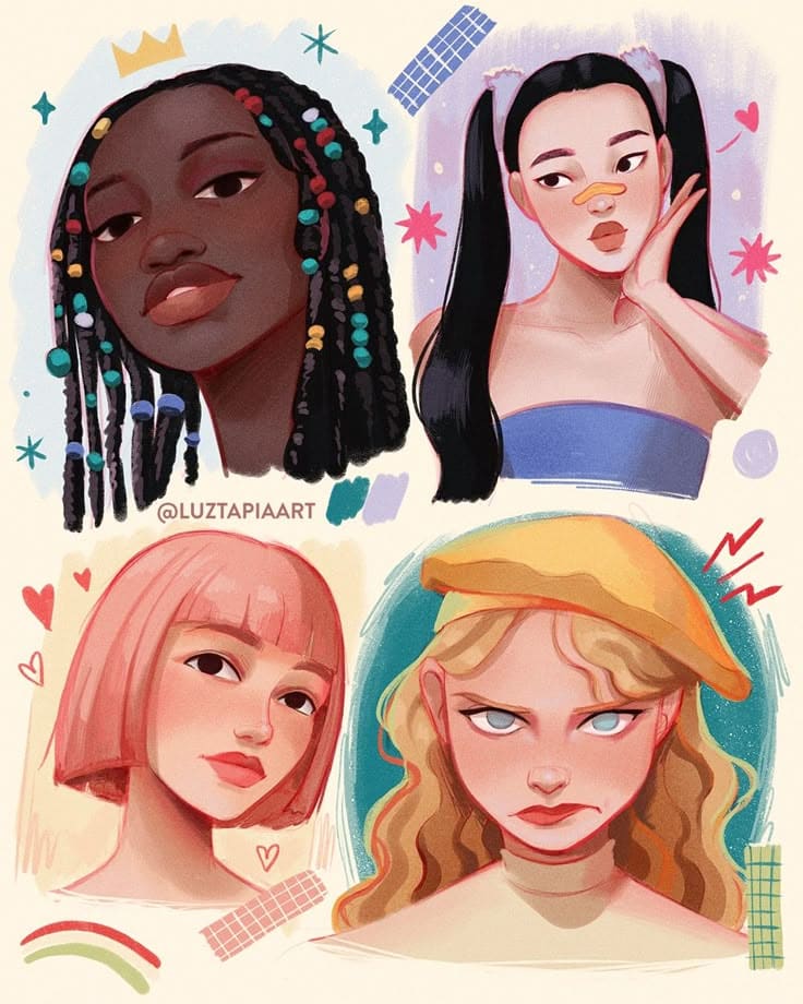 d3a151af-d1ce-485f-8401-6d98d7b16d0e Illustrated portraits of four diverse women with unique hairstyles and expressions, by artist Luz Tapia. | Sky Rye Design Illustrated portraits of four diverse women with unique hairstyles and expressions, by artist Luz Tapia.