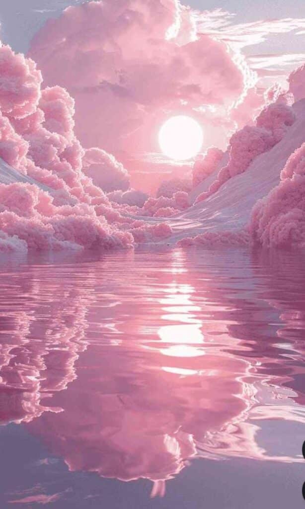Pink clouds and serene water reflecting a dreamy sunset sky.