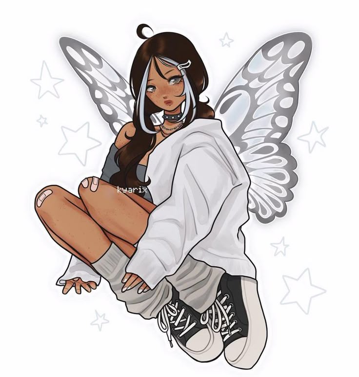 d4a80d62-6d8e-4410-b20e-661538c6afc0 Stylish anime girl with butterfly wings, wearing oversized sweater and sneakers, surrounded by stars. | Sky Rye Design Stylish anime girl with butterfly wings, wearing oversized sweater and sneakers, surrounded by stars.