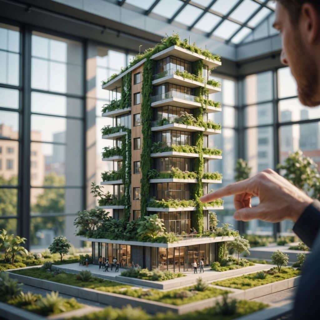 Architect pointing at green building model with vertical gardens inside glass atrium.