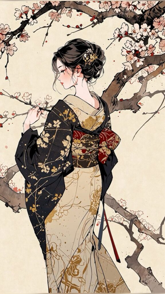 Illustration of a woman in floral kimono under cherry blossoms, traditional Japanese art style.