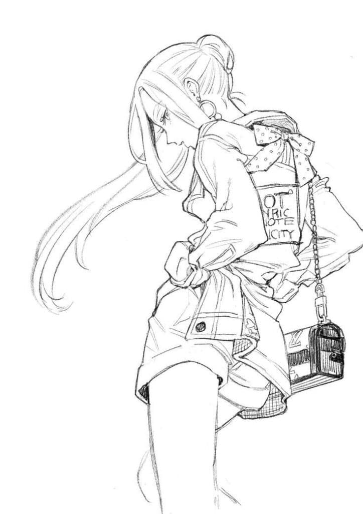 d77b2045-a563-4280-9fe2-379ace2c5af2 Anime sketch of a stylish girl, dressed casually with a long ponytail, showcasing a trendy backpack and camera. | Sky Rye Design Anime sketch of a stylish girl, dressed casually with a long ponytail, showcasing a trendy backpack and camera.