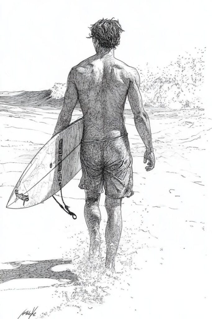 Sketch of a man walking on the beach with a surfboard under his arm, waves crashing in the background.