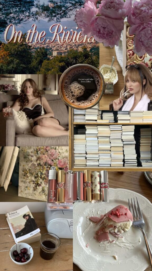 Collage with books, flowers, a cup of coffee, and makeup products, evoking a luxurious and relaxed lifestyle.