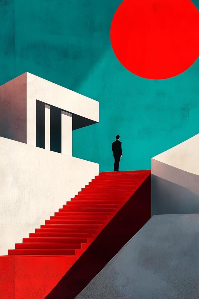 Abstract art of a man in suit on red stairs with minimalist architecture and large red sun. Vibrant teal background.