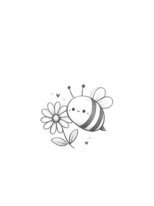 Cute hand-drawn bee smiling next to a flower, simple sketch design.