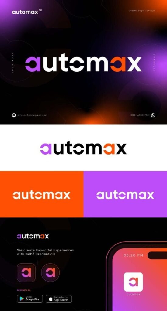 Automax logo design showcasing tech branding and app store availability on dark, orange, and purple backgrounds.