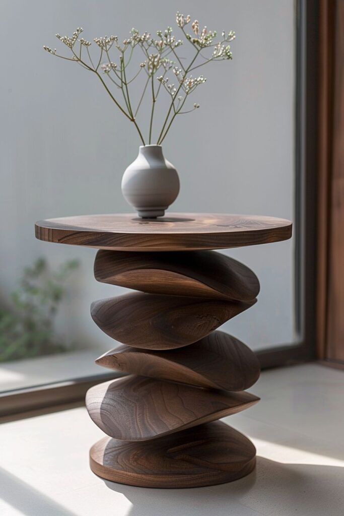Sculptural wooden side table with a vase of delicate flowers, placed by a sunny window.