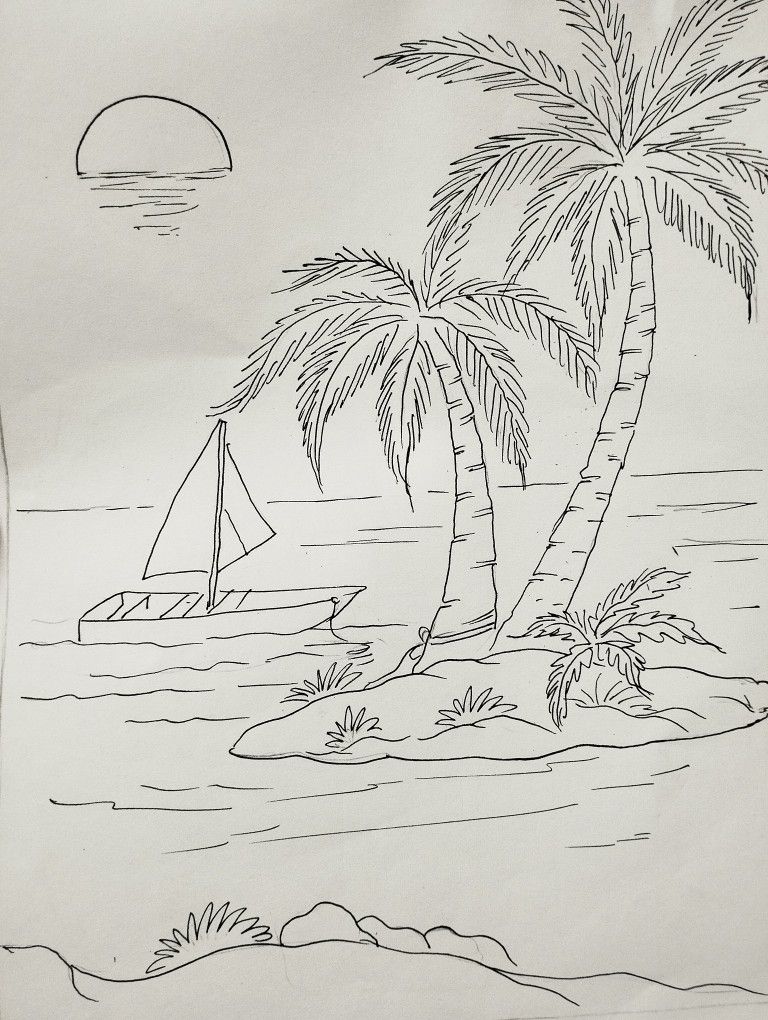 Line drawing of a serene beach with a sailboat, palm trees, and a setting sun over the ocean.