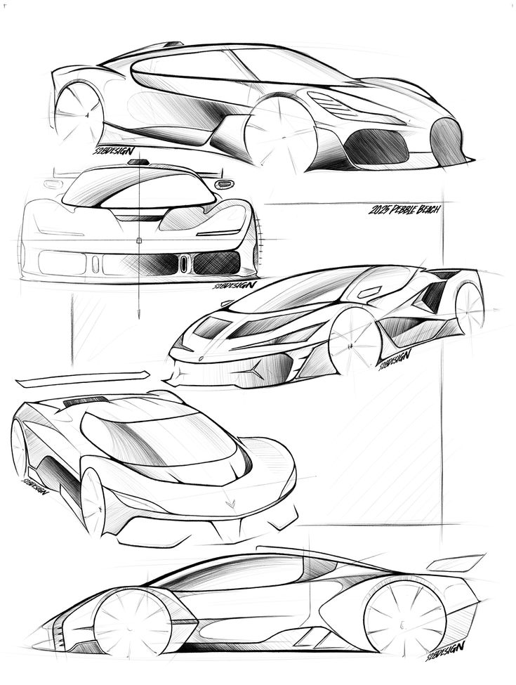Hand-drawn concepts of sleek, futuristic sports cars showcasing dynamic design lines and aerodynamic features.