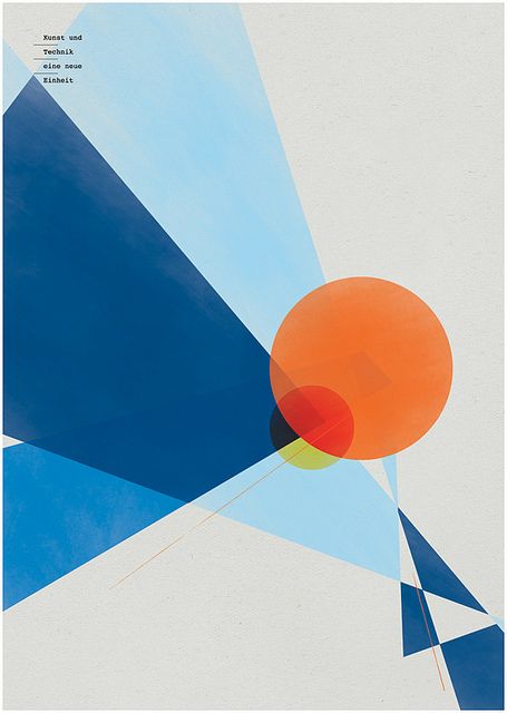 Abstract geometric art with blue triangles and overlapping orange circles on a light background.