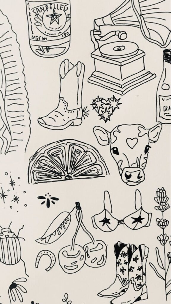 daily doodles Black and white doodle artwork with boots, a cow, gramophone, citrus slice, cherries, and other whimsical items. | Sky Rye Design Black and white doodle artwork with boots, a cow, gramophone, citrus slice, cherries, and other whimsical items.