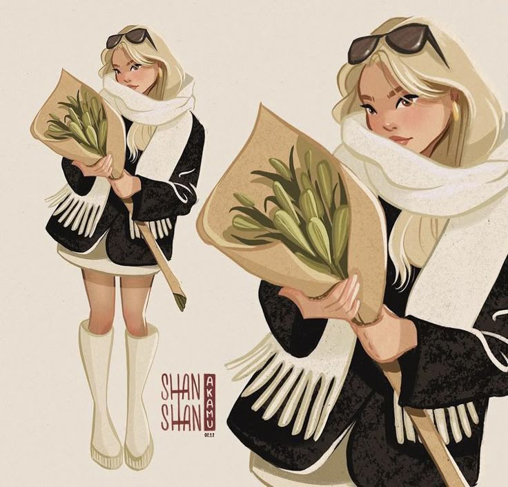 db27163d-ee43-4744-9782-e7c1b5284119 Illustration of a stylish woman in winter clothes holding a bouquet, wearing sunglasses and a scarf. | Sky Rye Design Illustration of a stylish woman in winter clothes holding a bouquet, wearing sunglasses and a scarf.