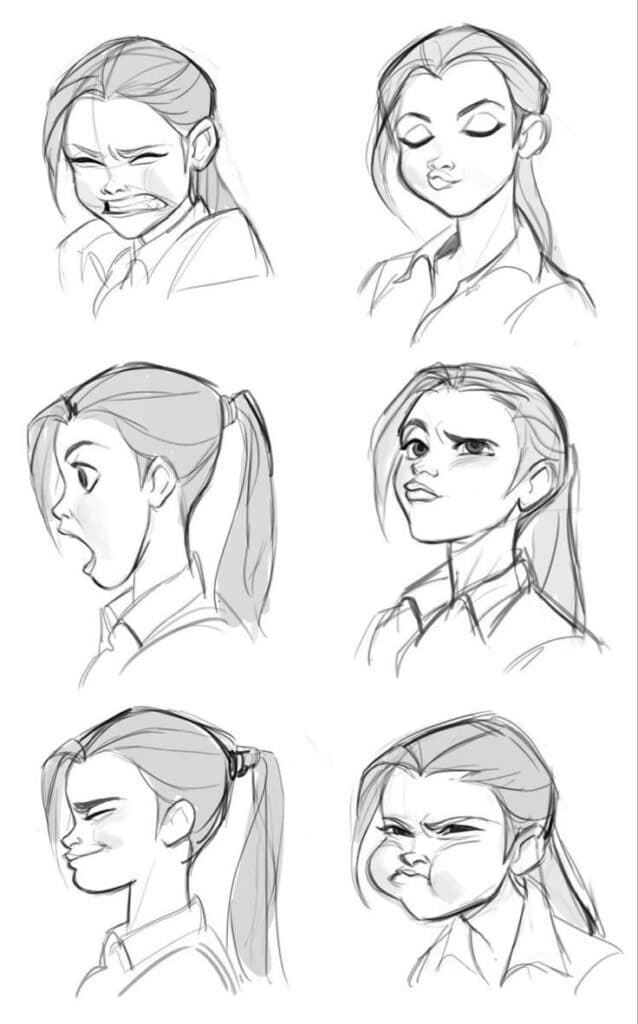 Pencil sketches of a female character displaying six different emotions with varied expressions.