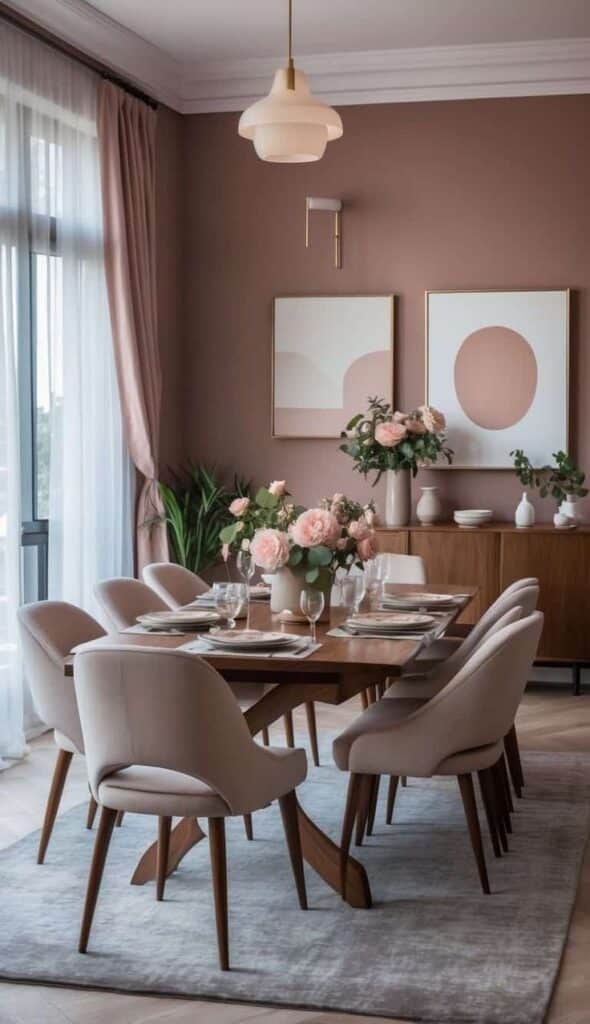 Elegant dining room with pink accents, modern art, and a wooden table set with floral centerpiece and plush chairs.
