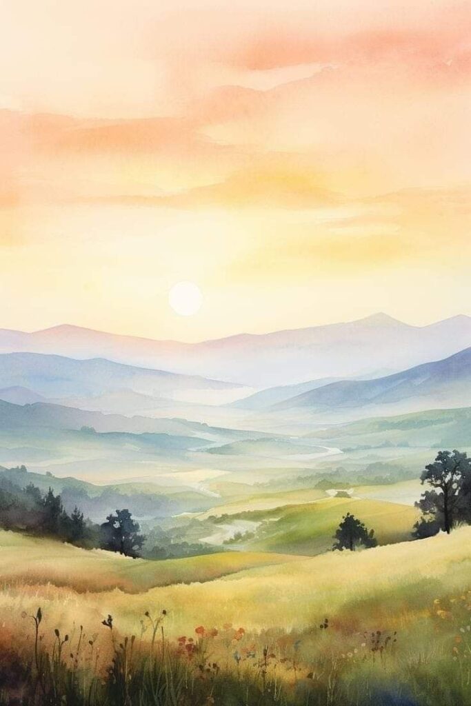 Watercolor landscape of rolling hills at sunrise with colorful sky and distant mountains.