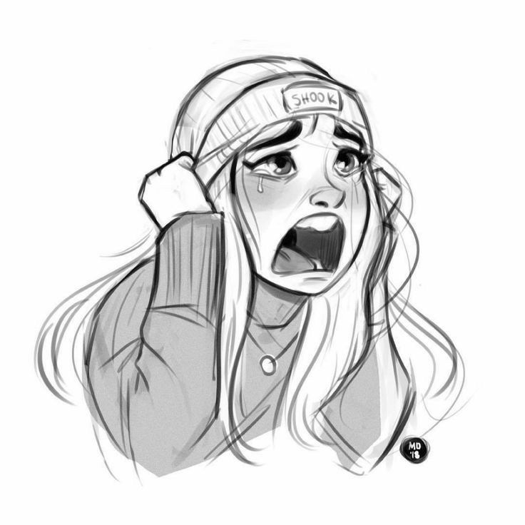 Illustrated girl in a beanie labeled shook, expressing distress and surprise with wide eyes and tears.