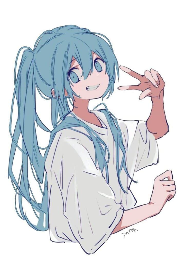 Anime character with blue hair and a white shirt, smiling and making a peace sign gesture.