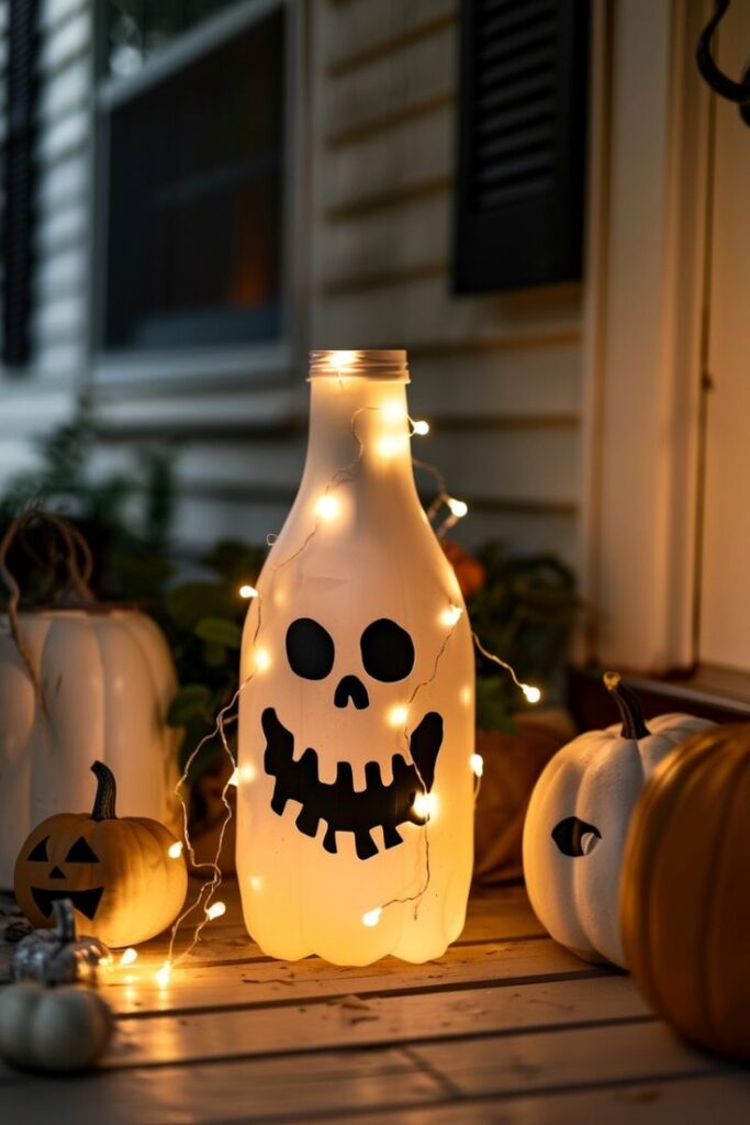 dcec658bfa0393617273191adc5825d0 Glowing Halloween bottle lantern with skull face and string lights on porch, surrounded by pumpkins. | Sky Rye Design Glowing Halloween bottle lantern with skull face and string lights on porch, surrounded by pumpkins.