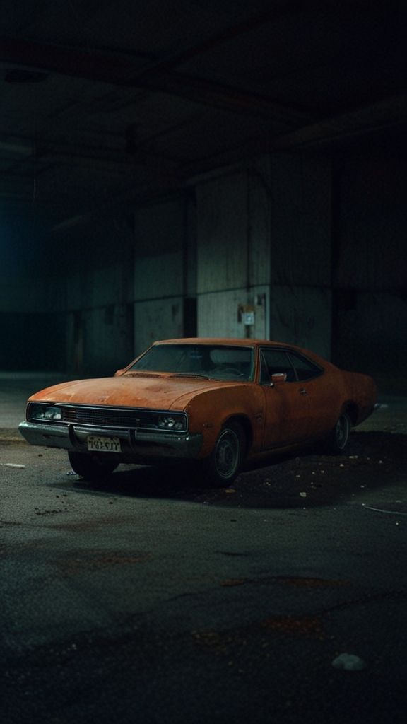 Vintage orange car parked in a dimly lit garage, evoking a nostalgic and mysterious atmosphere.