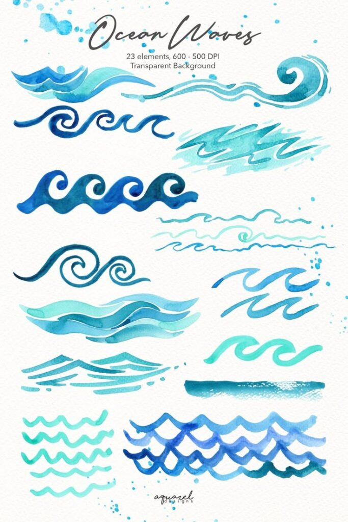 Watercolor ocean wave illustrations, 23 blue elements on transparent background, artistic sea wave designs.