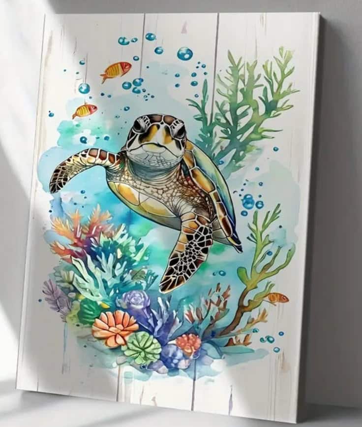 Colorful sea turtle swimming with coral and fish in watercolor art.