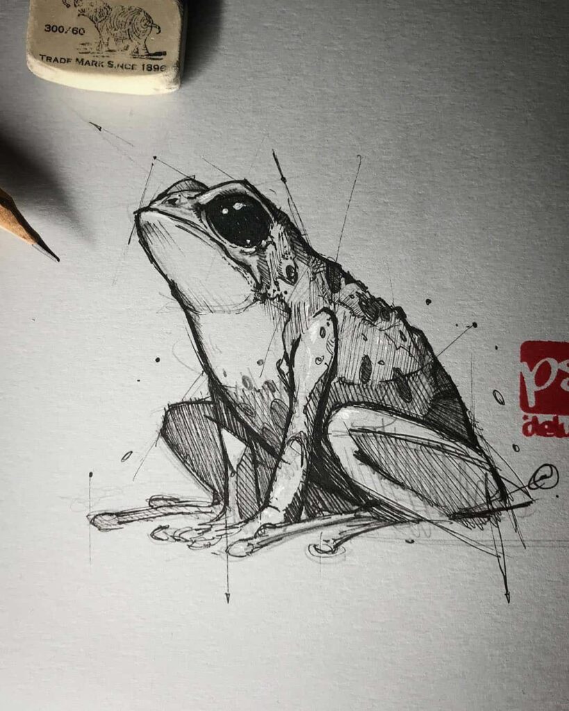Detailed pencil sketch of a frog with an eraser and pencil nearby, showcasing artistic precision and shading.