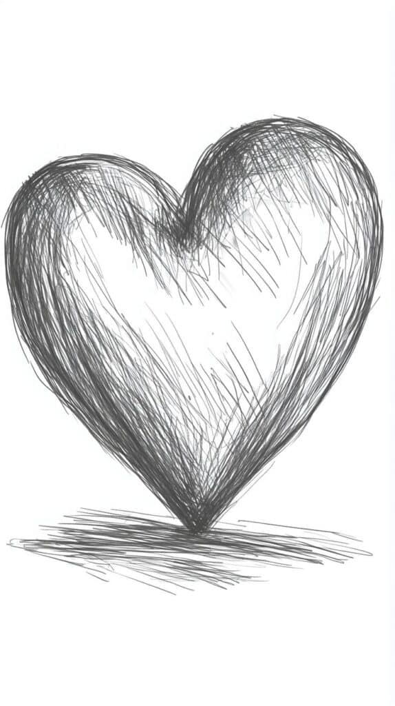 Sketch of a textured black heart with shading, drawn on a white background.