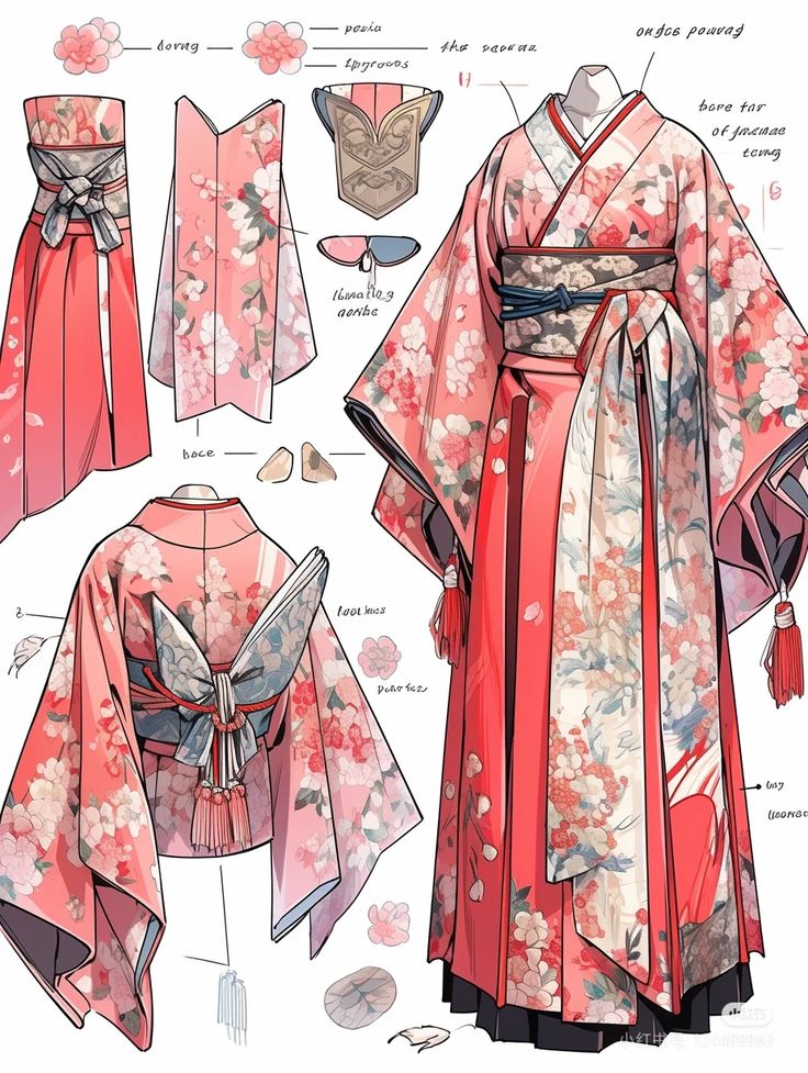 Illustrated red and floral kimono design with labeled components and detailed patterns.